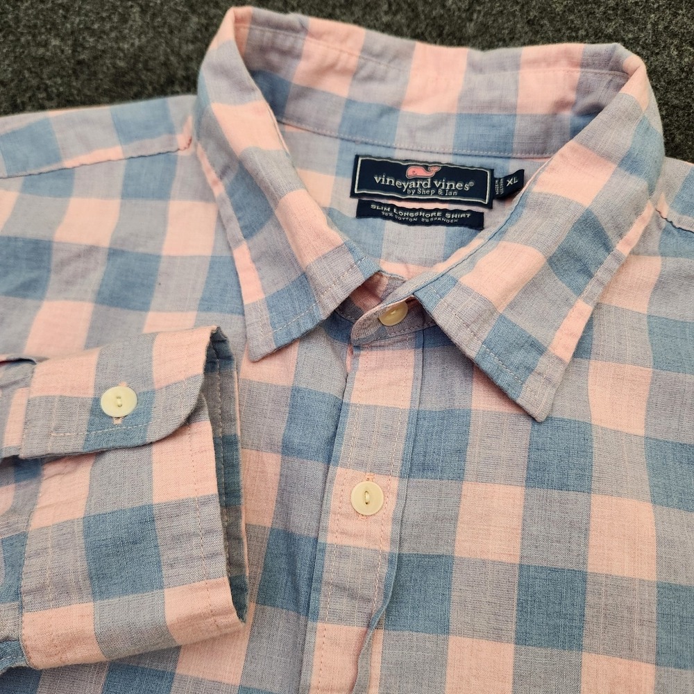 Vineyard Vines Mens XL‎ Pink Blue Plaid Slim Longshore Button Up Shirt Stretch